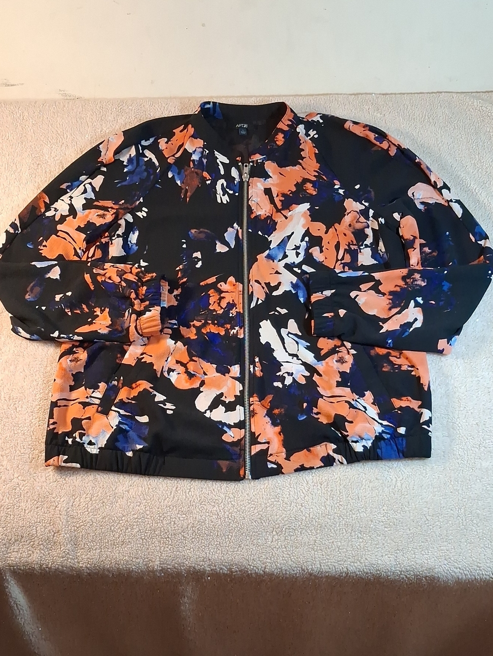 Apt. 9 Black Bomber Jacket with Orange, Blue & White Abstract Print